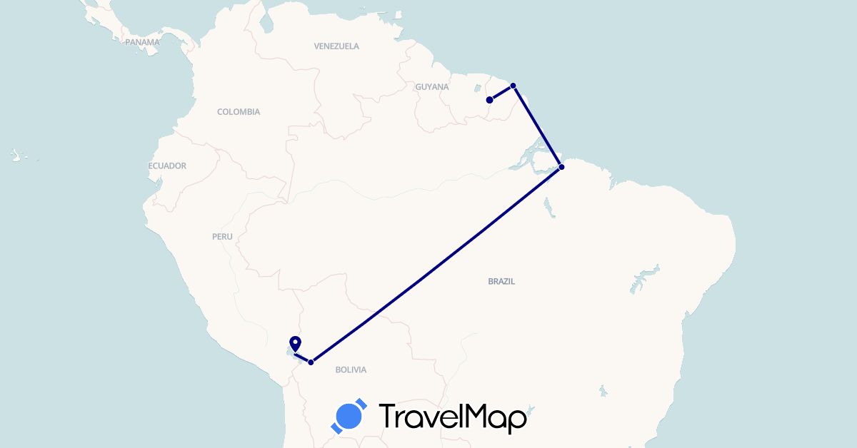 TravelMap itinerary: driving in Bolivia, Brazil, French Guiana (South America)